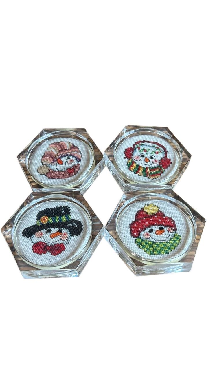 Snowmen Acrylic Handmade Cross Stitch Coasters Set of 4